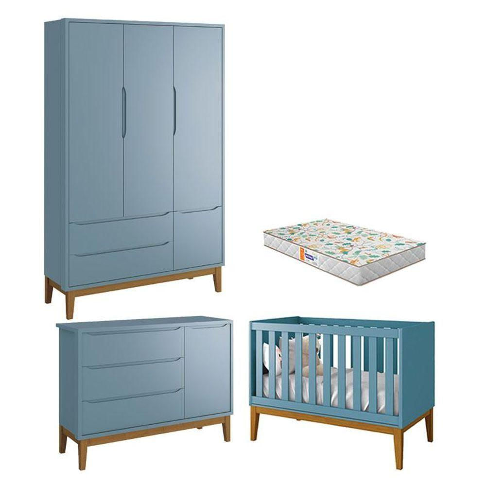 Quarto De Bebê 3 Portas New Classic Azul Com Pés Madeira E Colchão Gazin - Reller