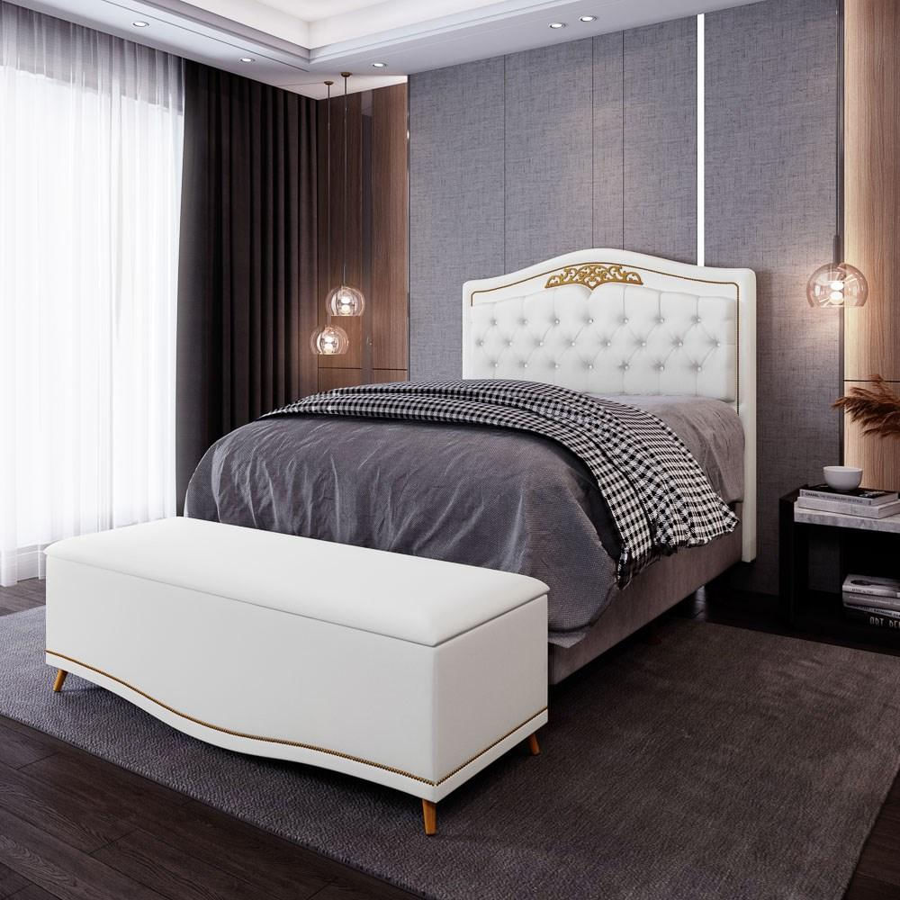 Cabeceira Cama Box Casal 140cm Com Calçadeira Baú Imperial J02 Sintético Branco - Mpozenato