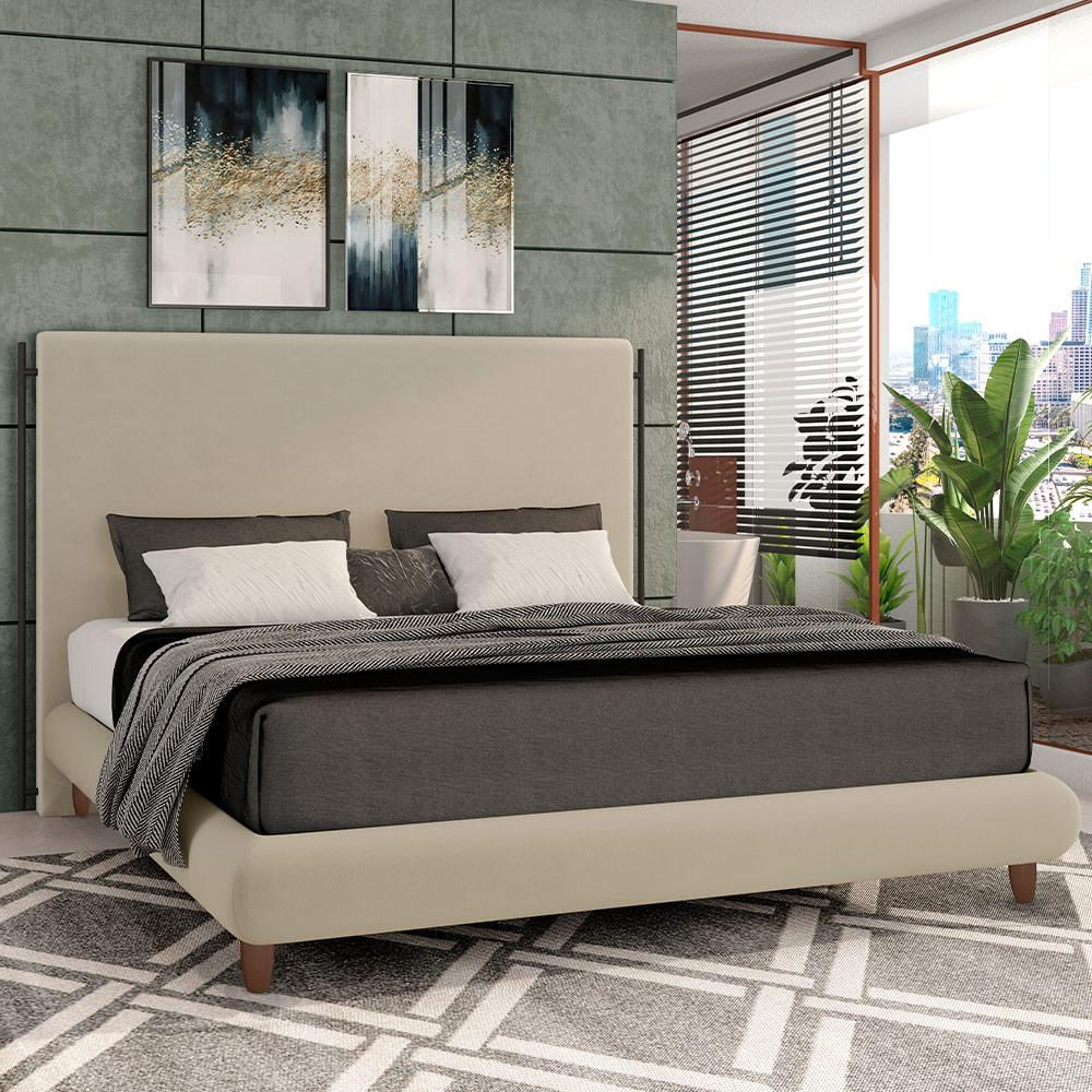 Cama Casal Pés de Madeira 156cm Otto P05 Veludo Bege - Lyam Decor