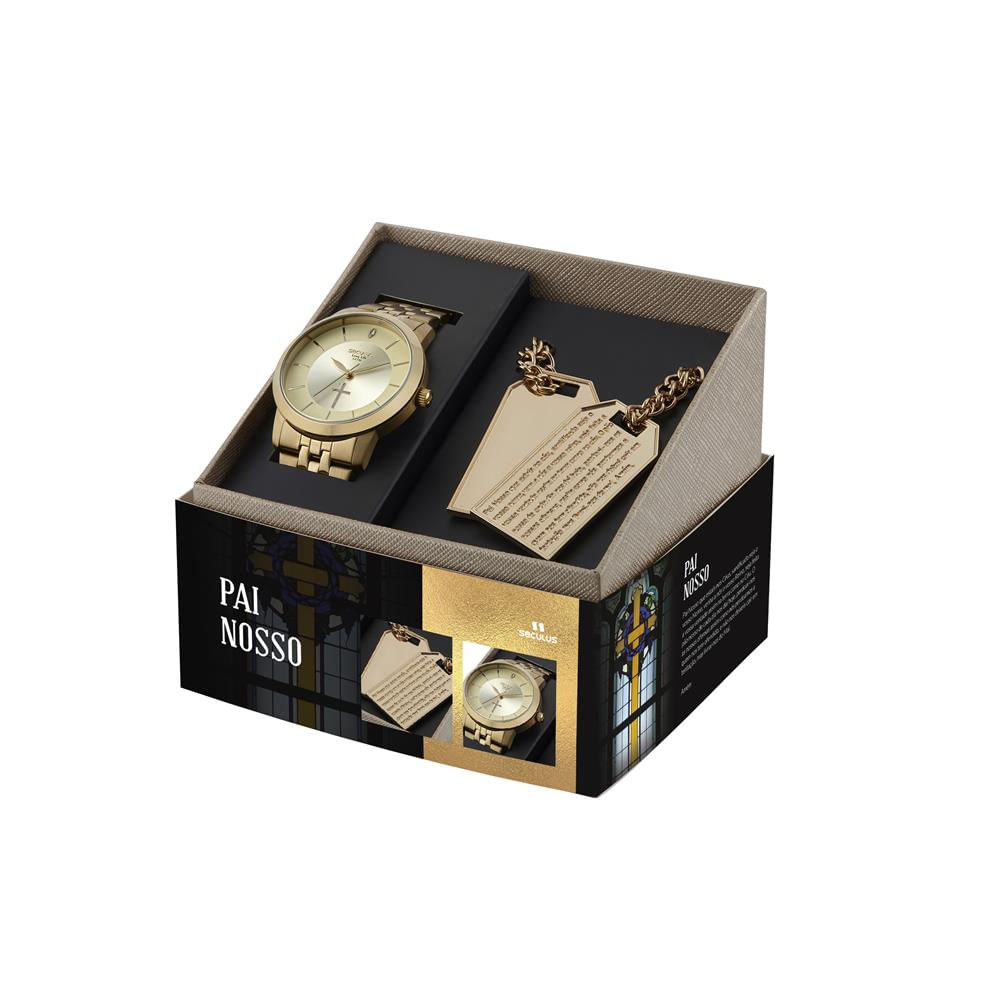 Relógio Seculus Feminino Ref:44037lpskda1 Dourado Oração Pai Nosso