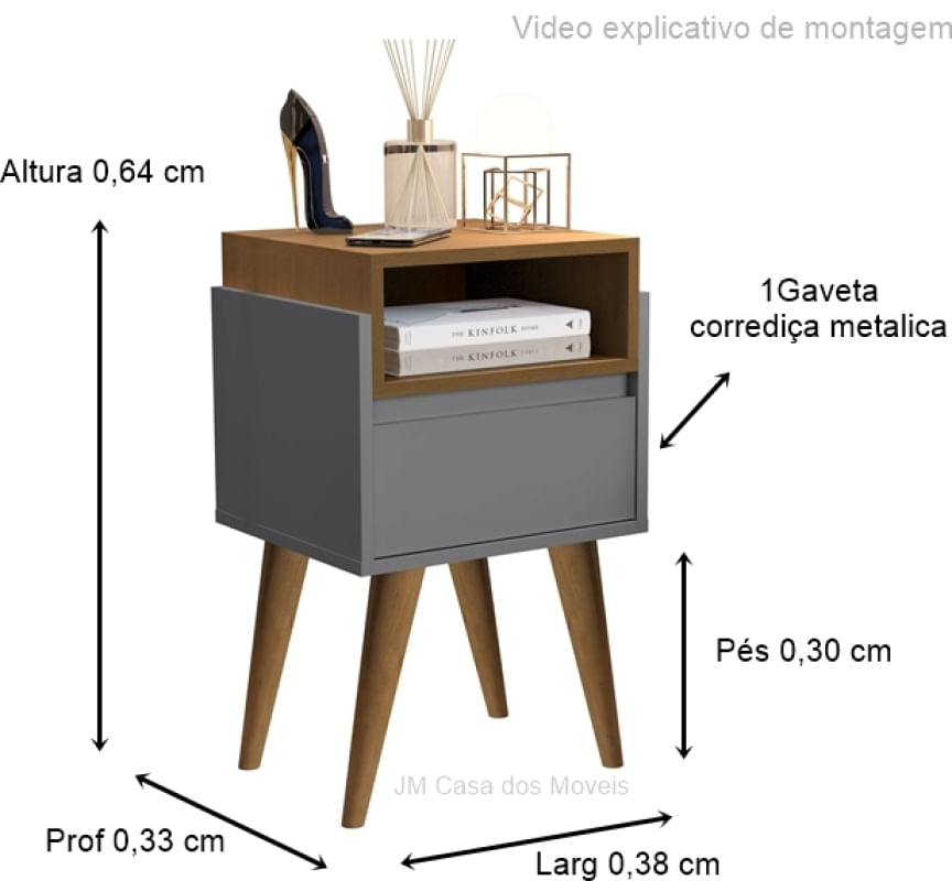 Mesa de Cabeceira Pés Palito Evora Onix / Nature - Comprar Moveis em Casa