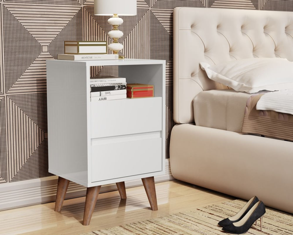 Mesa de Cabeceira Classic Plus 2 Gavetas Pés Palito Retrô Branco - Comprar Moveis Em Casa