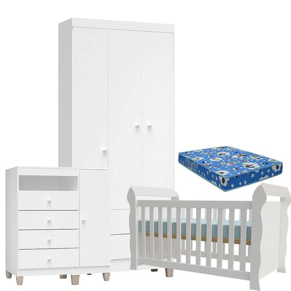 Quarto De Bebê 3 Portas Ternura Baby Com Berço Lara Branco Brilho Com Colchão - Incorplac