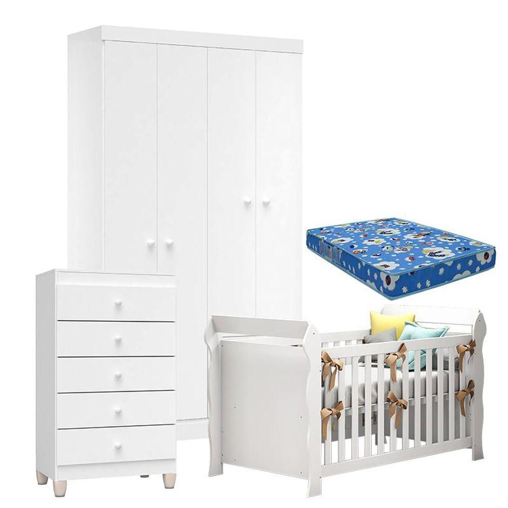 Quarto De Bebê 4 Portas Com Gaveteiro Ternura Baby E Berço Lara Branco Brilho Com Colchão