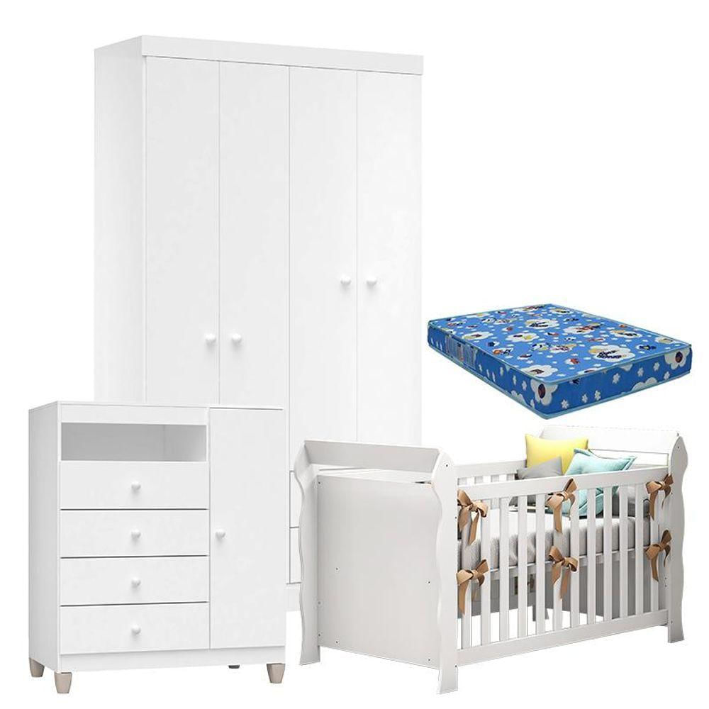 Quarto De Bebê 4 Portas Ternura Baby Com Berço Lara Branco Brilho Com Colchão - Incorplac