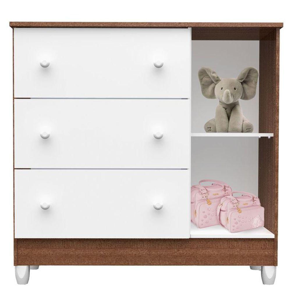 Quarto De Bebê Mariah 3p Com Berço Mirelle Branco Acetinado Amadeirado - Carolina