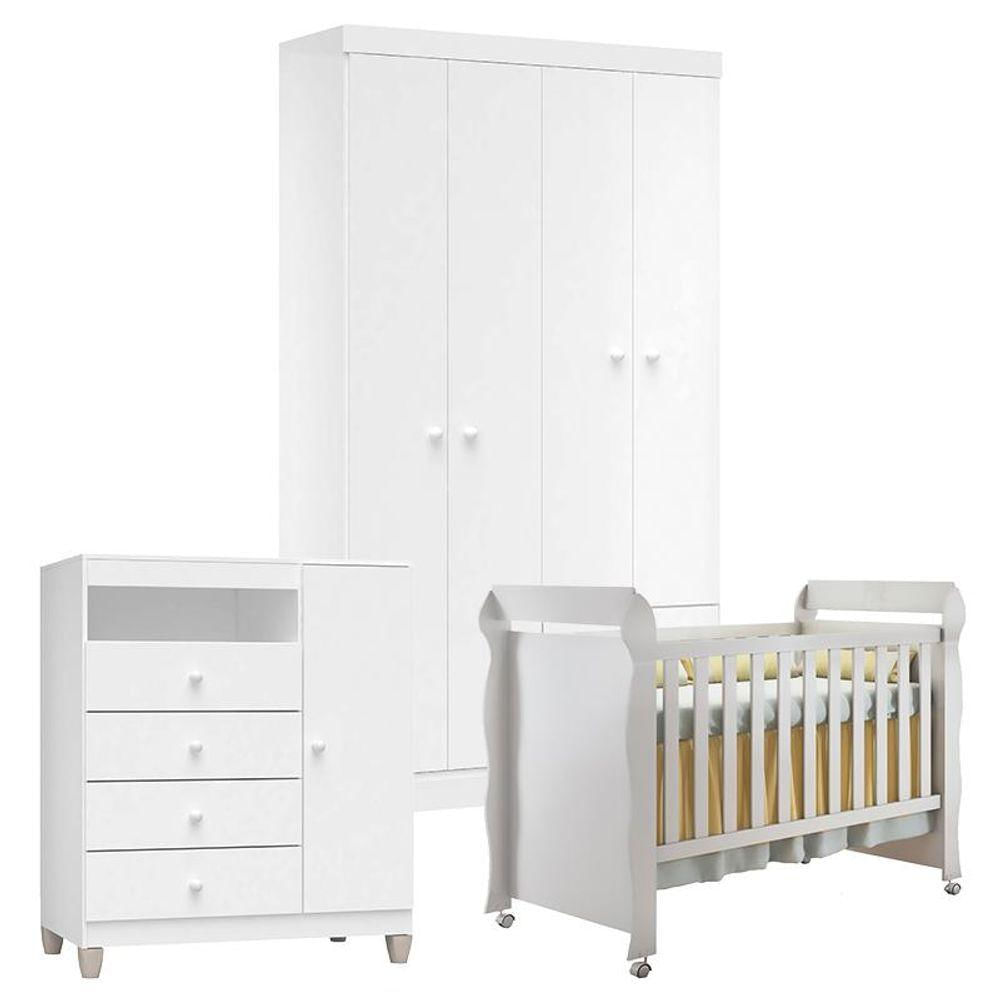 Quarto De Bebê 4 Portas Ternura Baby Com Berço Mirelle Branco Brilho - Incorplac