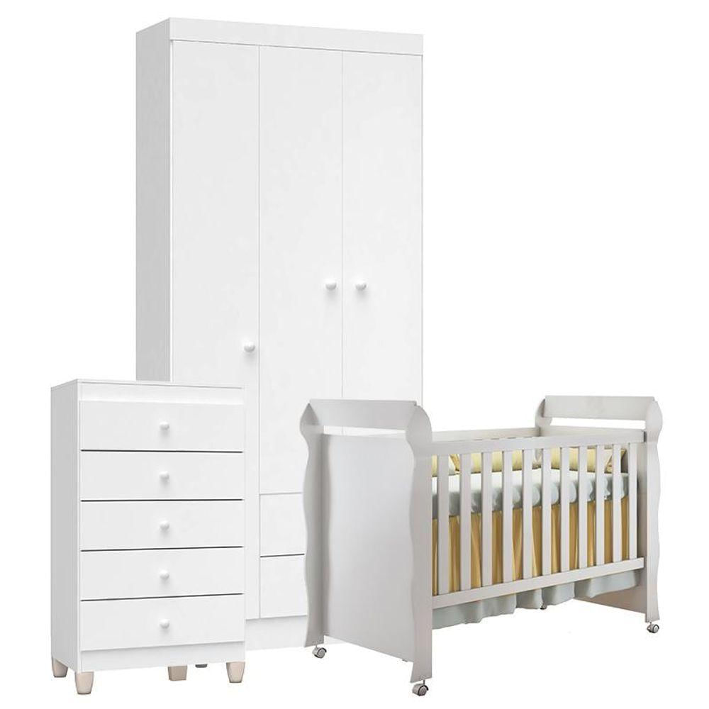 Quarto De Bebê 3 Portas Com Gaveteiro Ternura Baby E Berço Mirelle Branco Brilho - Incorplac