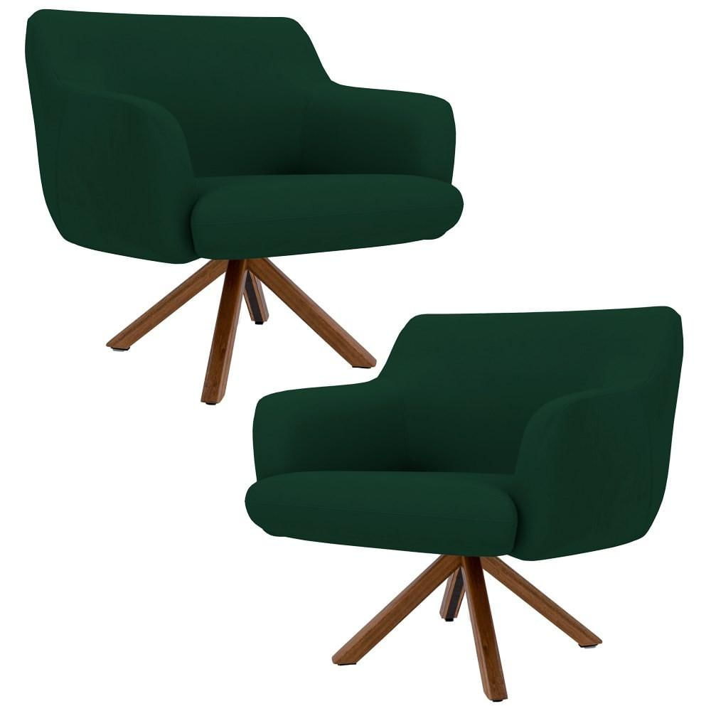 Kit 2 Poltronas Decorativas Giratórias Base Giromad Madeira Jade Veludo C-303 Verde Musgo - Domi