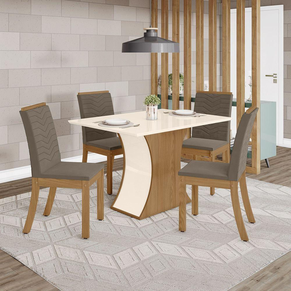 Conjunto Sala De Jantar Tampo Mdf Canto Reto 120 Cm 4 Cadeiras Melanie Henn Off White Com Nature E Bege