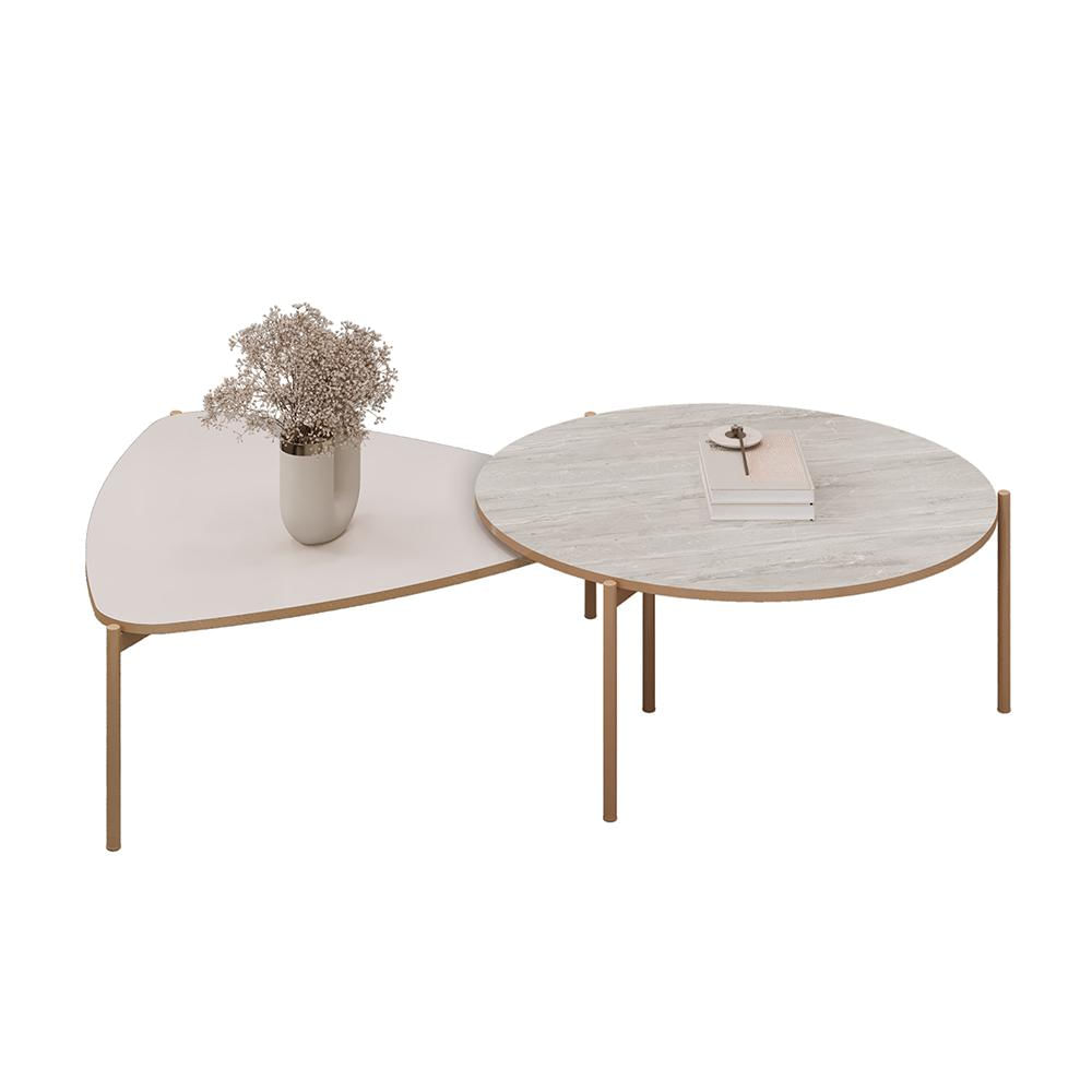 Conjunto Mesas de Centro Decorativas Oak e Dutton Pés Metálicos Dourados Off White/Quartzo G18 - Gran Belo