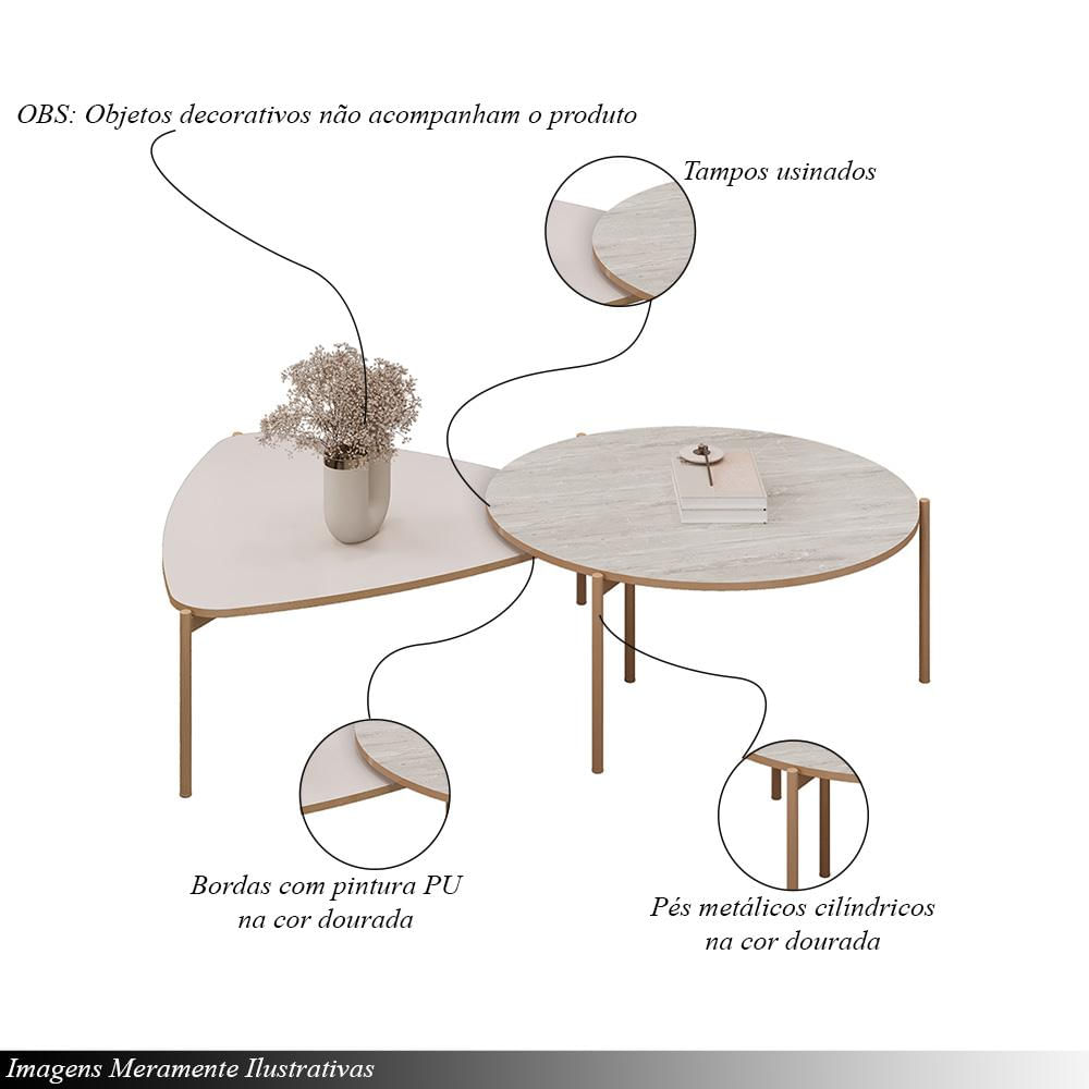 Conjunto Mesas de Centro Decorativas Oak e Dutton Pés Metálicos Dourados Off White/Quartzo G18 - Gran Belo