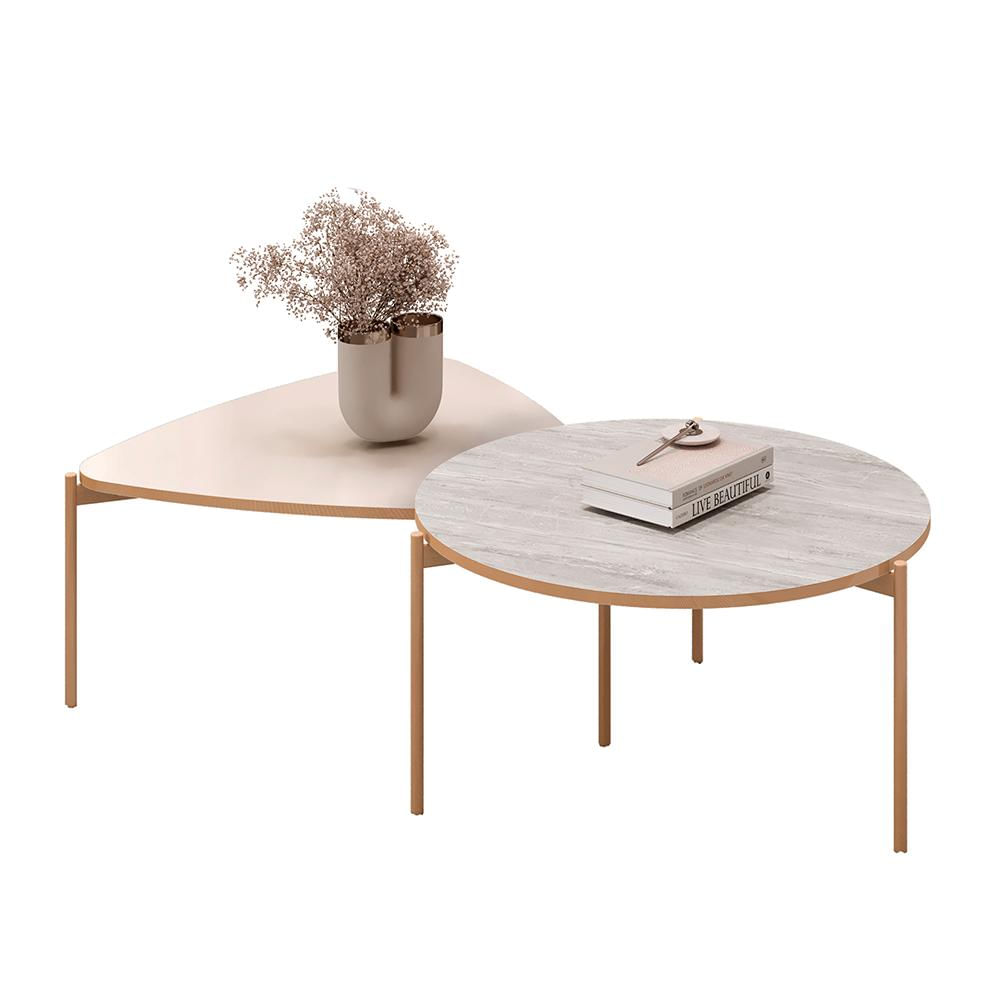 Conjunto Mesas de Centro Decorativas Oak e Dutton Pés Metálicos Dourados Off White/Quartzo G18 - Gran Belo