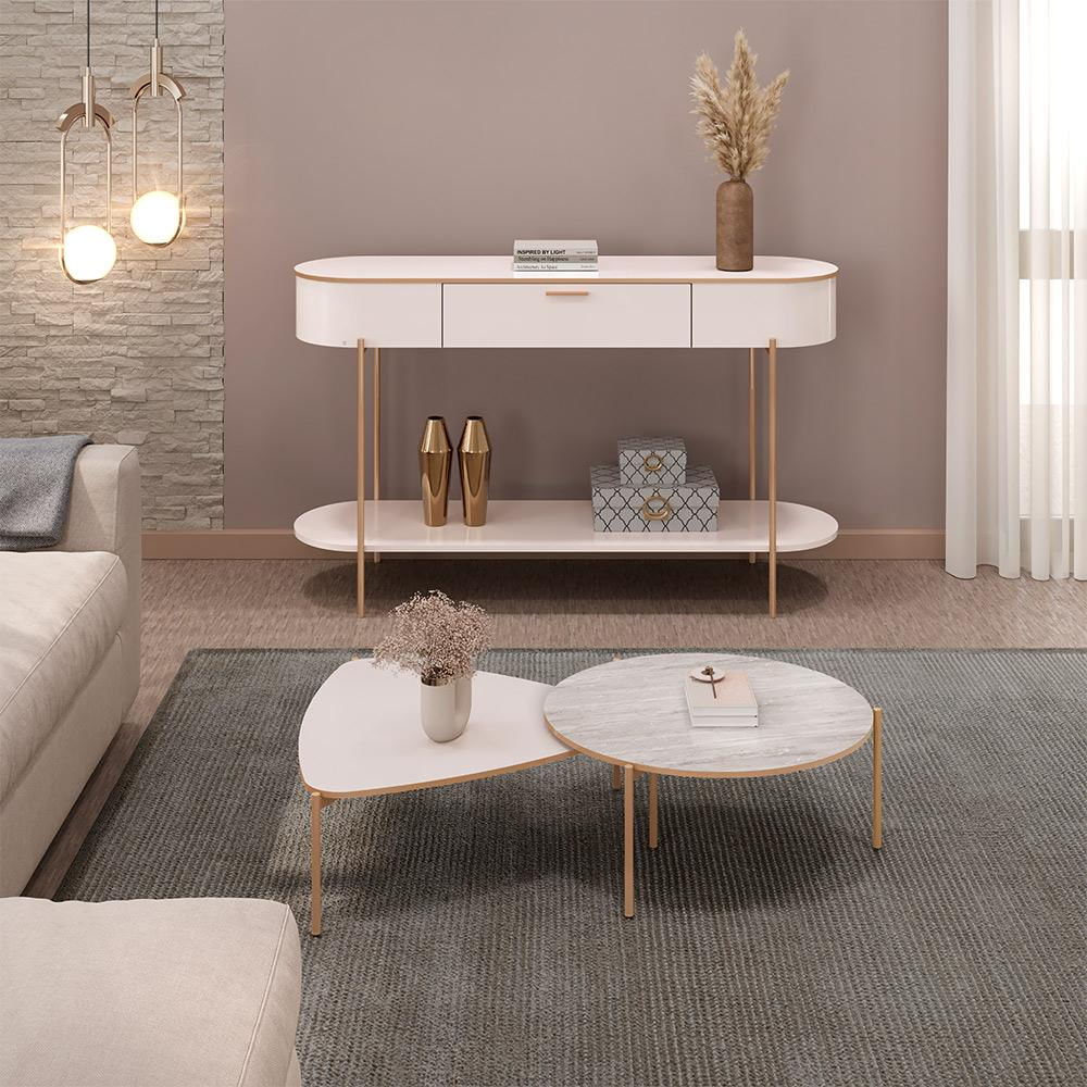 Conjunto Mesas de Centro Decorativas Oak e Dutton Pés Metálicos Dourados Off White/Quartzo G18 - Gran Belo