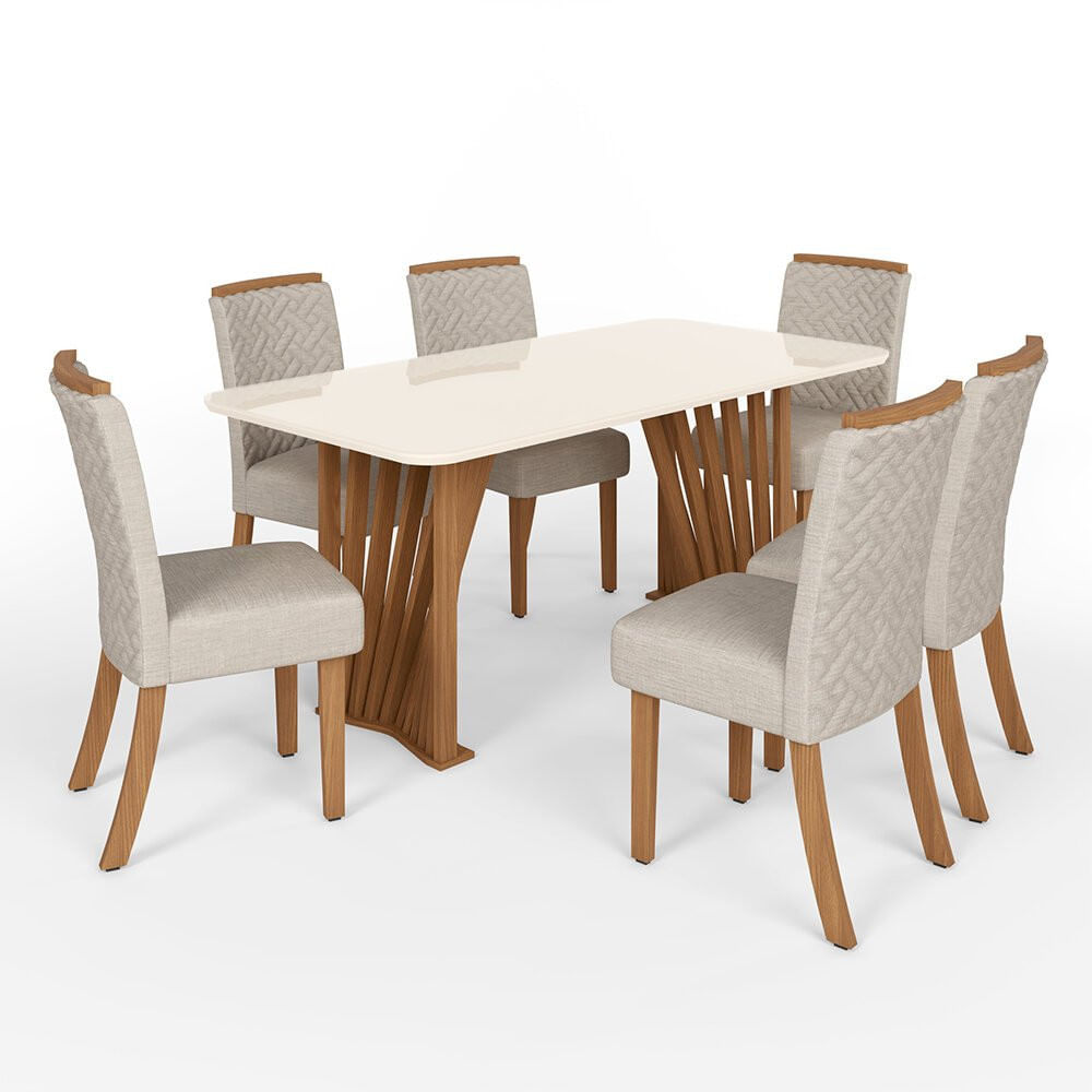 Conjunto de Mesa Adriana com 6 Cadeiras Malu Henn Nat/Off/Linho