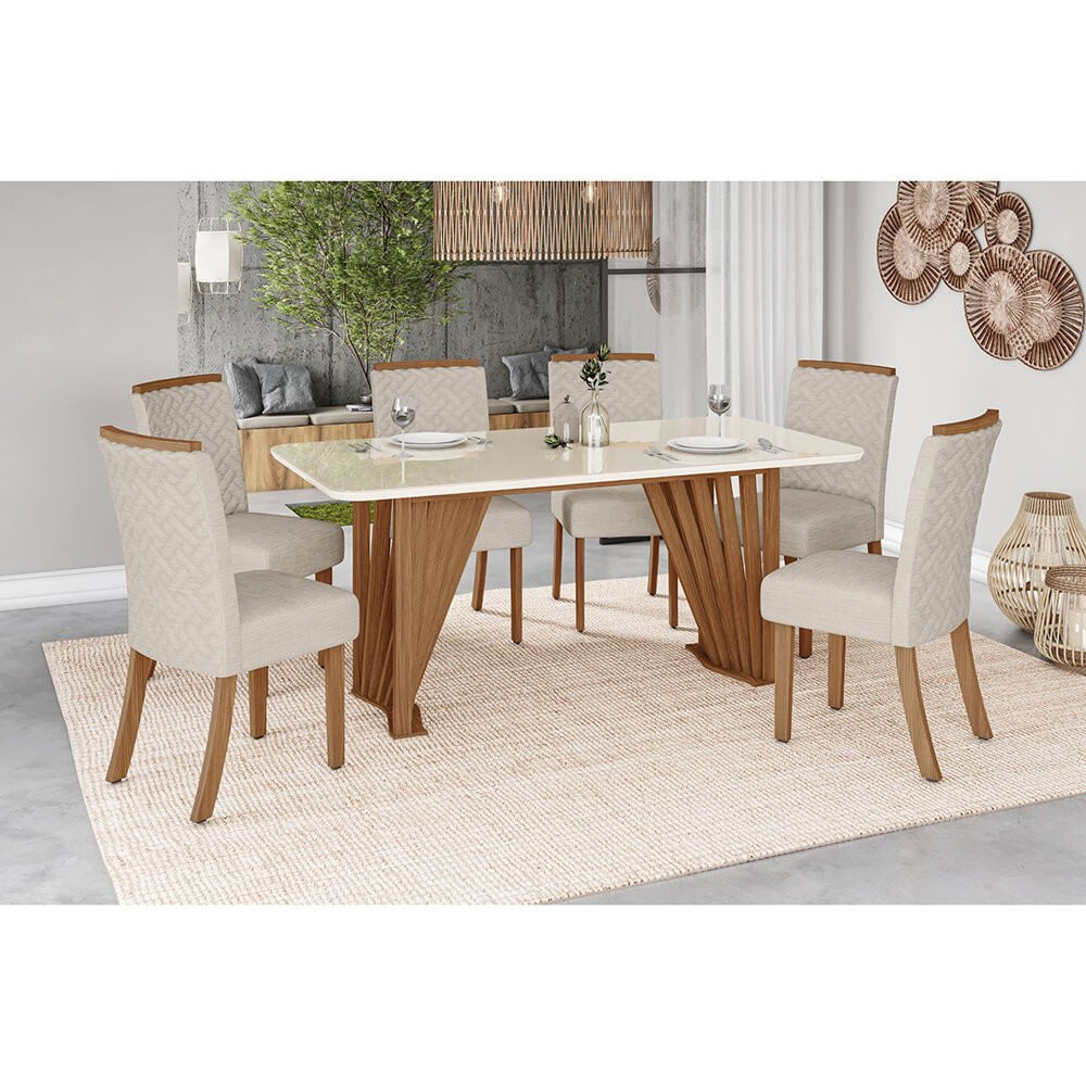 Conjunto de Mesa Adriana com 6 Cadeiras Malu Henn Nat/Off/Linho