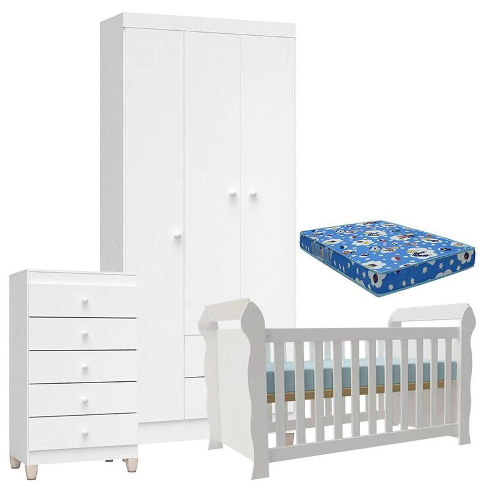 Quarto De Bebê 3 Portas Com Gaveteiro Ternura Baby E Berço Lara Branco Brilho Com Colchão