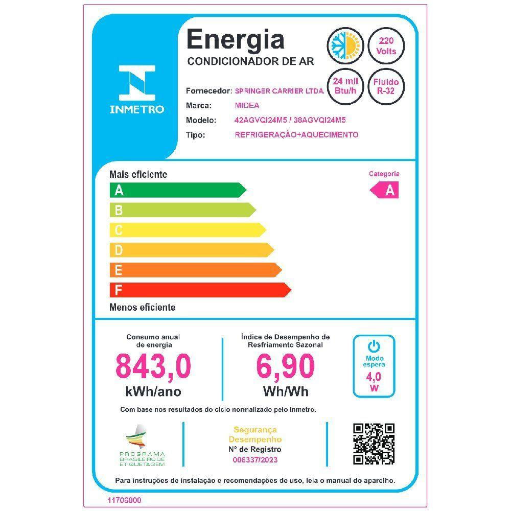 Ar Condicionado Split Springer Midea Xtreme Save Connect 24000 BTUs Inverter Quente e Frio 220V 38AGVQI24M5