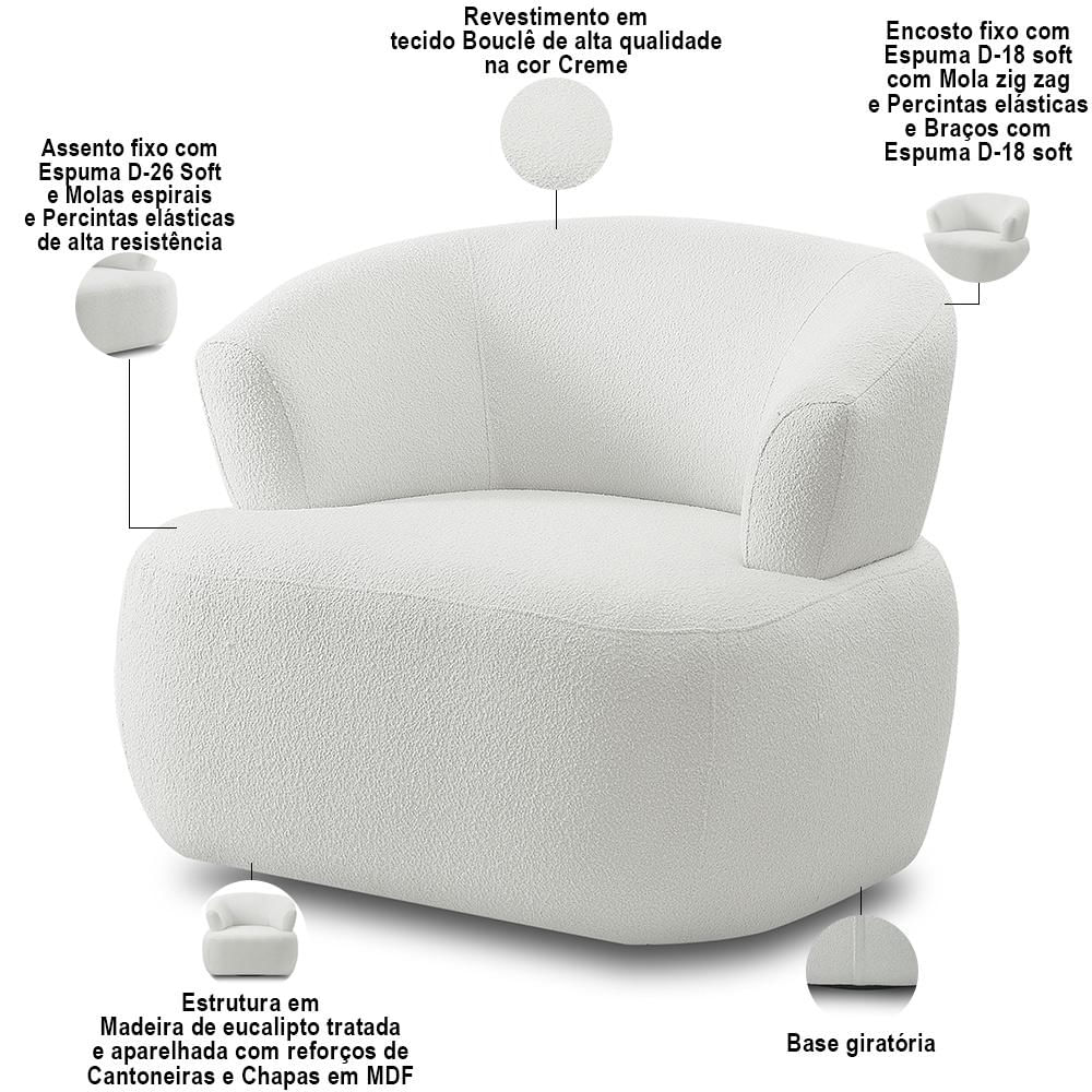 Kit Sofá 3 Lugares Para Sala 198cm Com 01 Poltrona Orgânica Florea M05 Bouclê Creme - Lyam Decor