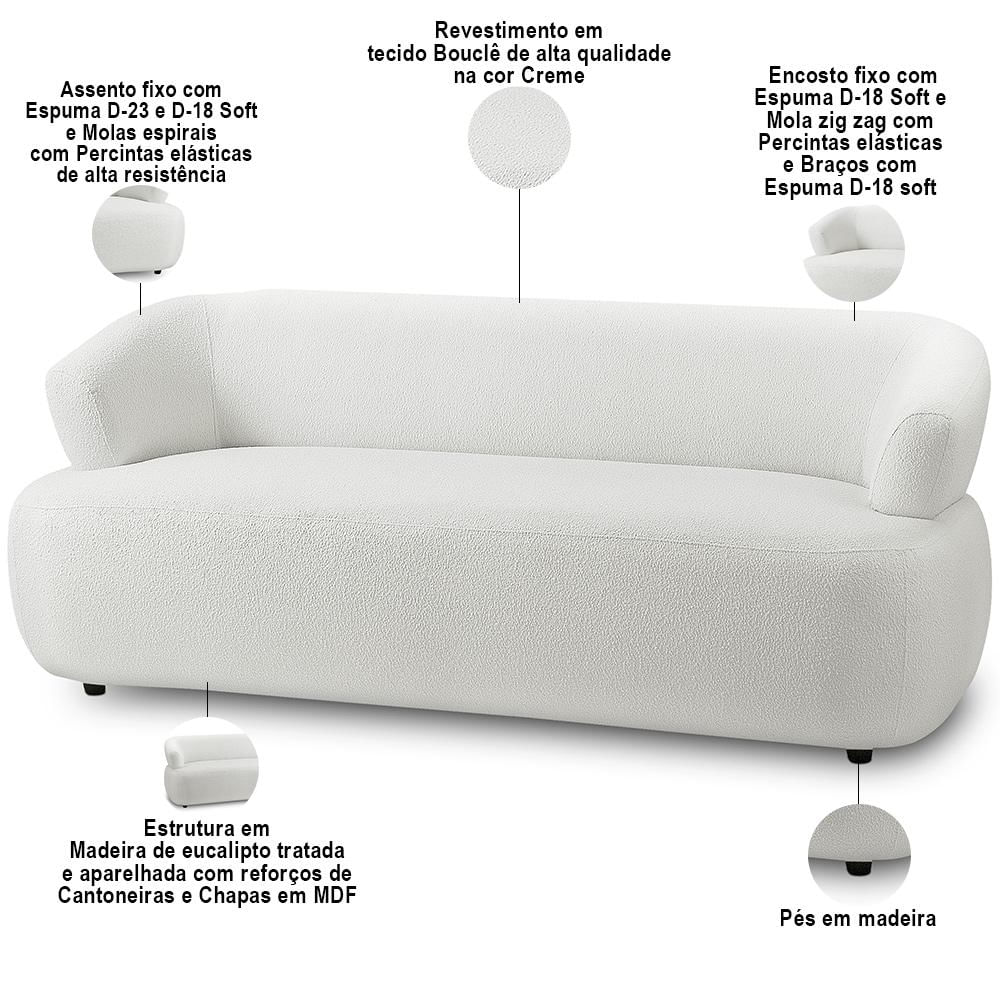 Kit Sofá 3 Lugares Para Sala 198cm Com 01 Poltrona Orgânica Florea M05 Bouclê Creme - Lyam Decor