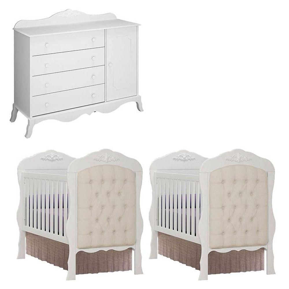 02 Berços Americano Com Capitonê E Cômoda Infantil Realeza Branco Acetinado - Canaã
