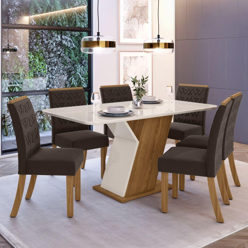 Conjunto Sala De Jantar Com Vidro 160 Cm 6 Cadeiras Nature Com Off White E Marrom Expresso