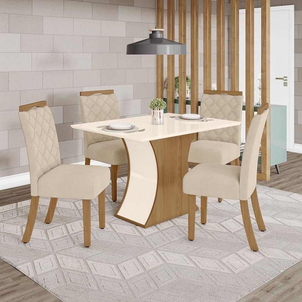 Conjunto Sala De Jantar Tampo Mdf Canto Reto 120 Cm 4 Cadeiras Amélia Henn Nature Com Off White E Linho