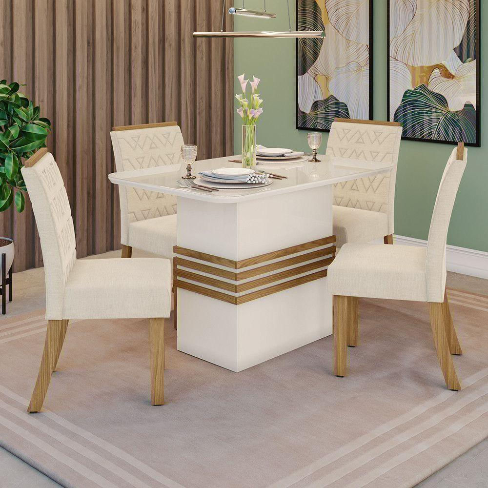 Conjunto Sala De Jantar Tampo Mdf Com Vidro Canto Arredondado 120 Cm 4 Cadeiras Melinda Nature Com Off White E Linho