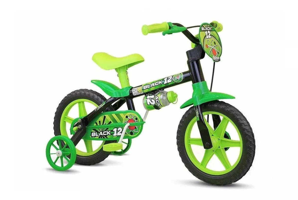 Bicicleta infantil Nathor Black 12 freios tambor cor preto/verde com rodas de treinamento