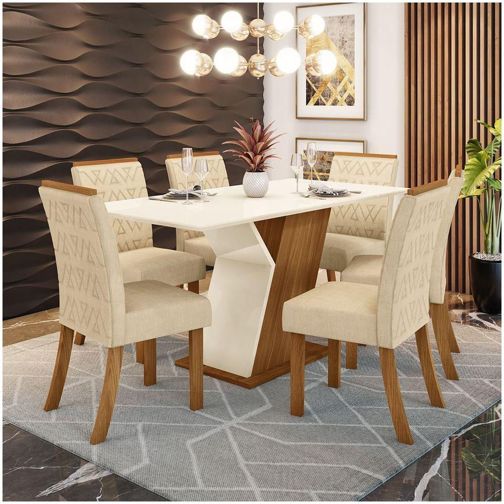 Mesa de Jantar 160cm com 6 Cadeiras Nature Off White E Linho