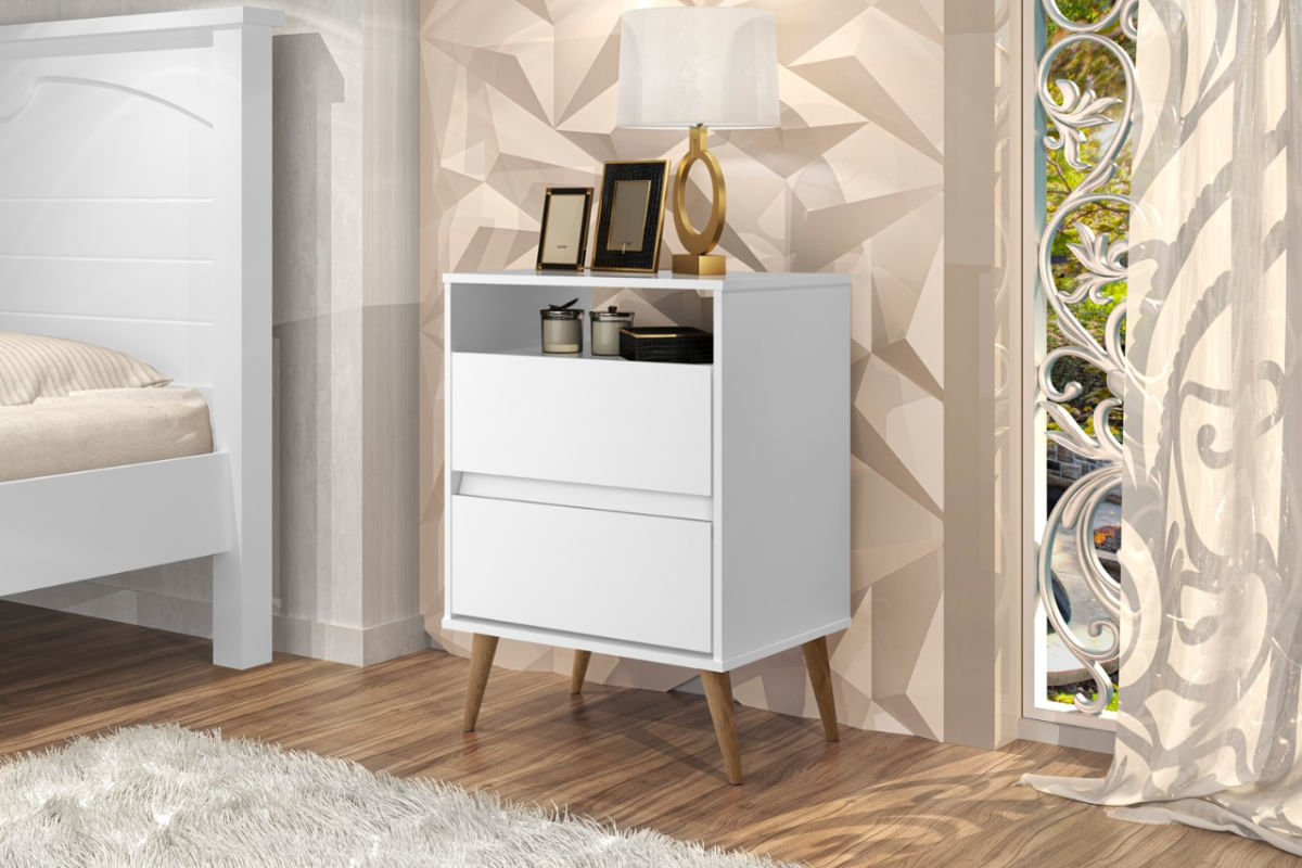 Mesa de Cabeceira Estilo Retrô Pés Palito 2 gavetas Texas - Branco - Comprar Moveis Em Casa
