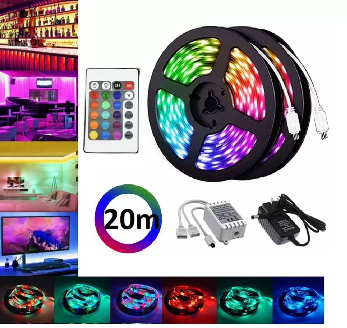 Fita Led Rgb 3528 Rolo 20m C/ Fonte 12v 5a E Controle Remoto