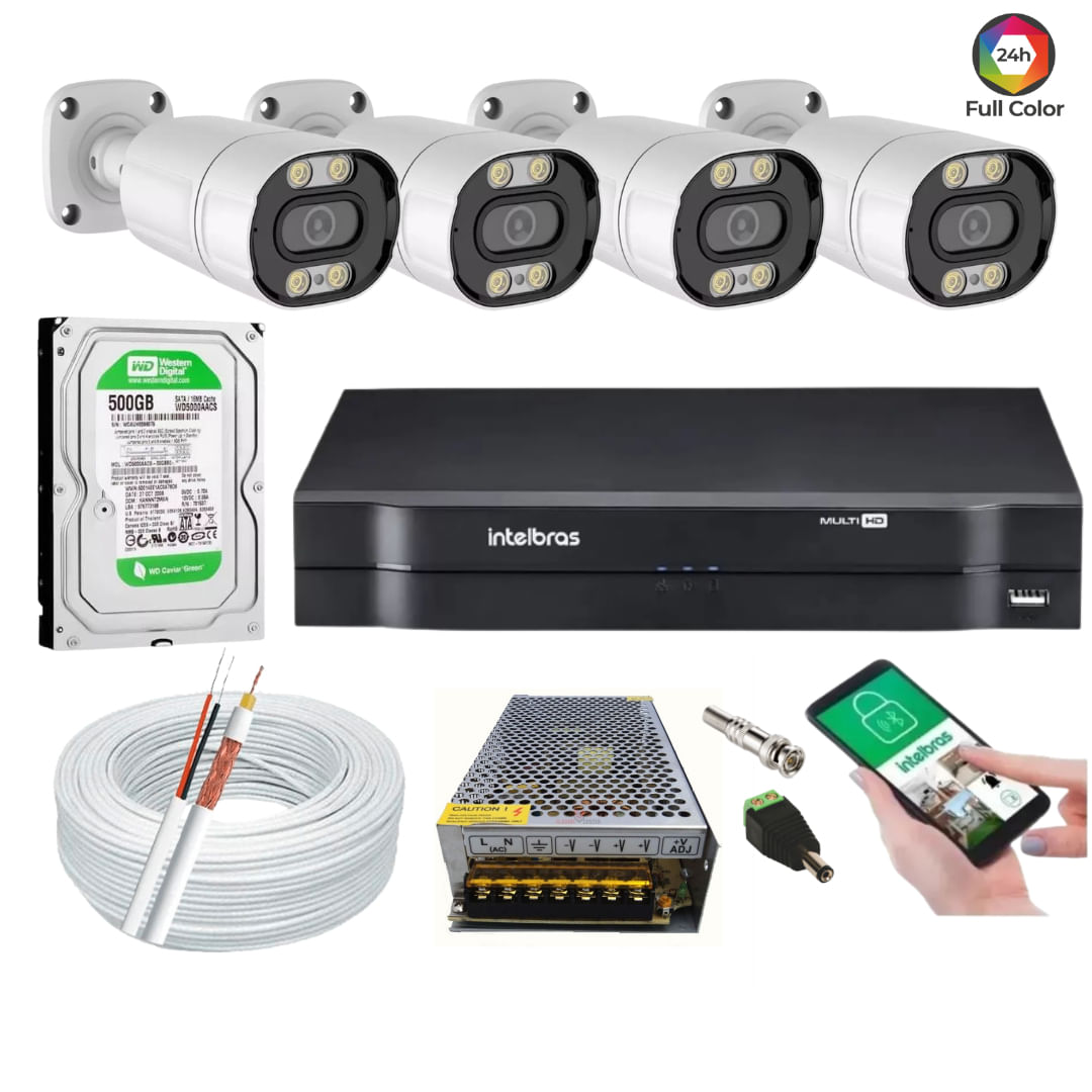 Kit Dvr Intelbras 4 Canais H.265 500gb 4 Câmeras Full Hd 1080p Imagem Colorida a noite 20m