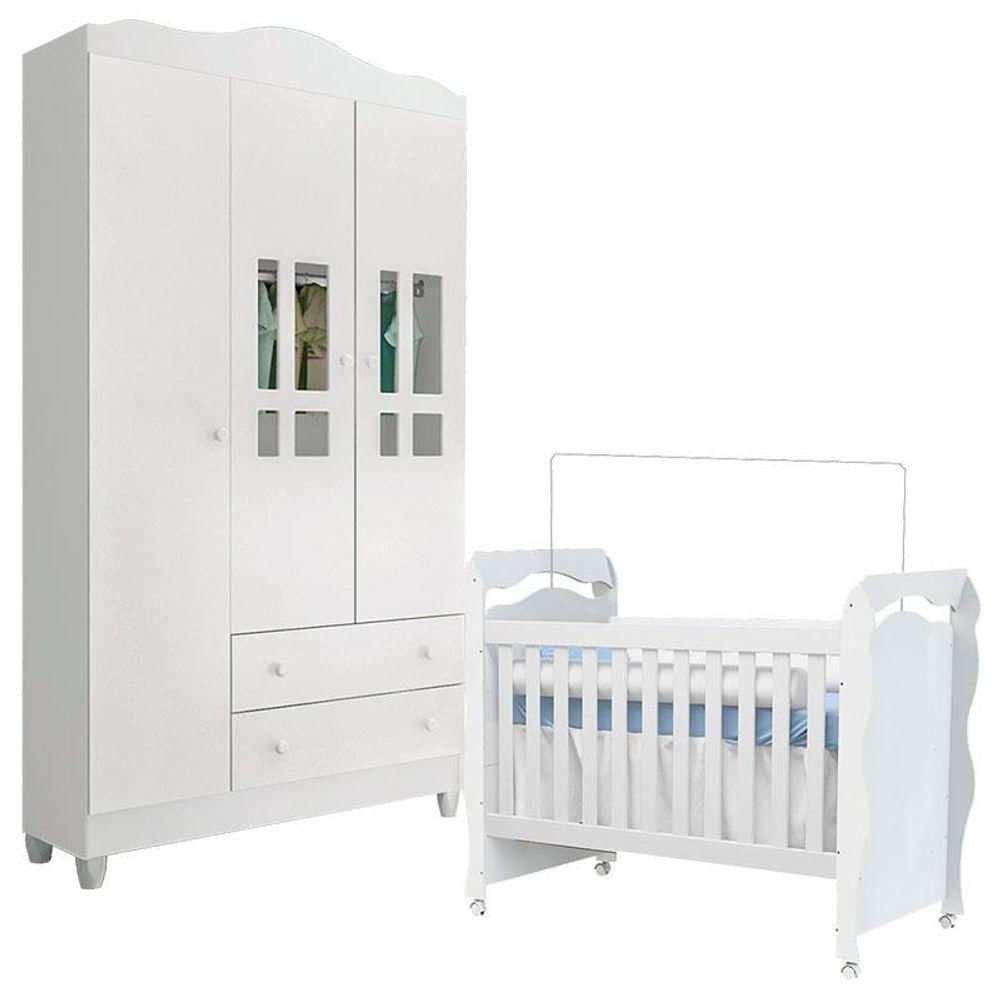 Berço Americano New Nanda E Guarda Roupa Infantil Ariel 3 Portas Branco Brilho - Carolina