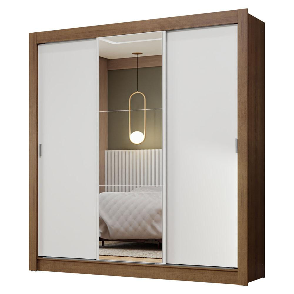 Guarda-Roupa Casal 3 Portas de Correr com Espelho Rustic/Branco Nobre Madesa Rustic/Branco