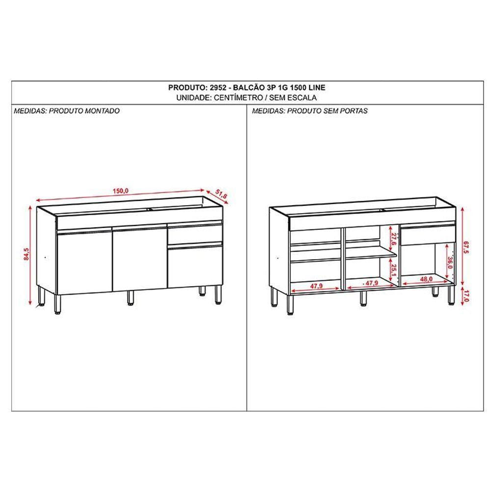 Balcão De Pia Line 150 Cm Gris - Kits Paraná