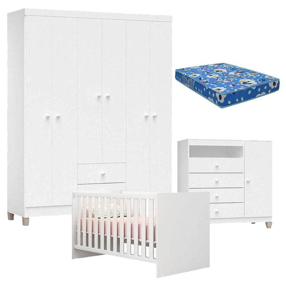 Quarto De Bebê 6 Portas Ternura Baby Com Berço Americano 100 Branco Brilho Com Colchão Ortobom