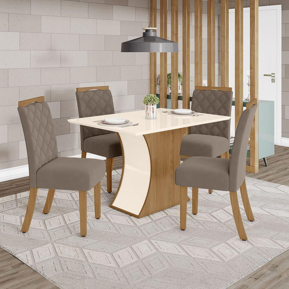 Conjunto Sala De Jantar Tampo Mdf Canto Reto 120 Cm 4 Cadeiras Amélia Henn Off White Com Nature E Marrom Amêndoa