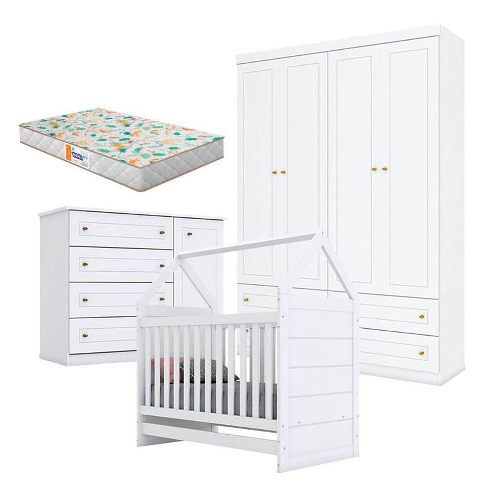 Quarto De Bebê Mississipi 4 Portas Com Berço Montessoriano Americano Branco E Colchão Gazin - Henn