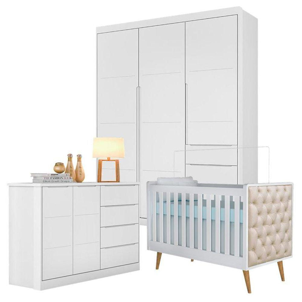 Quarto De Bebê Blenda E Berço Americano Lorena Com Capitonê Branco Acetinado - Phoenix