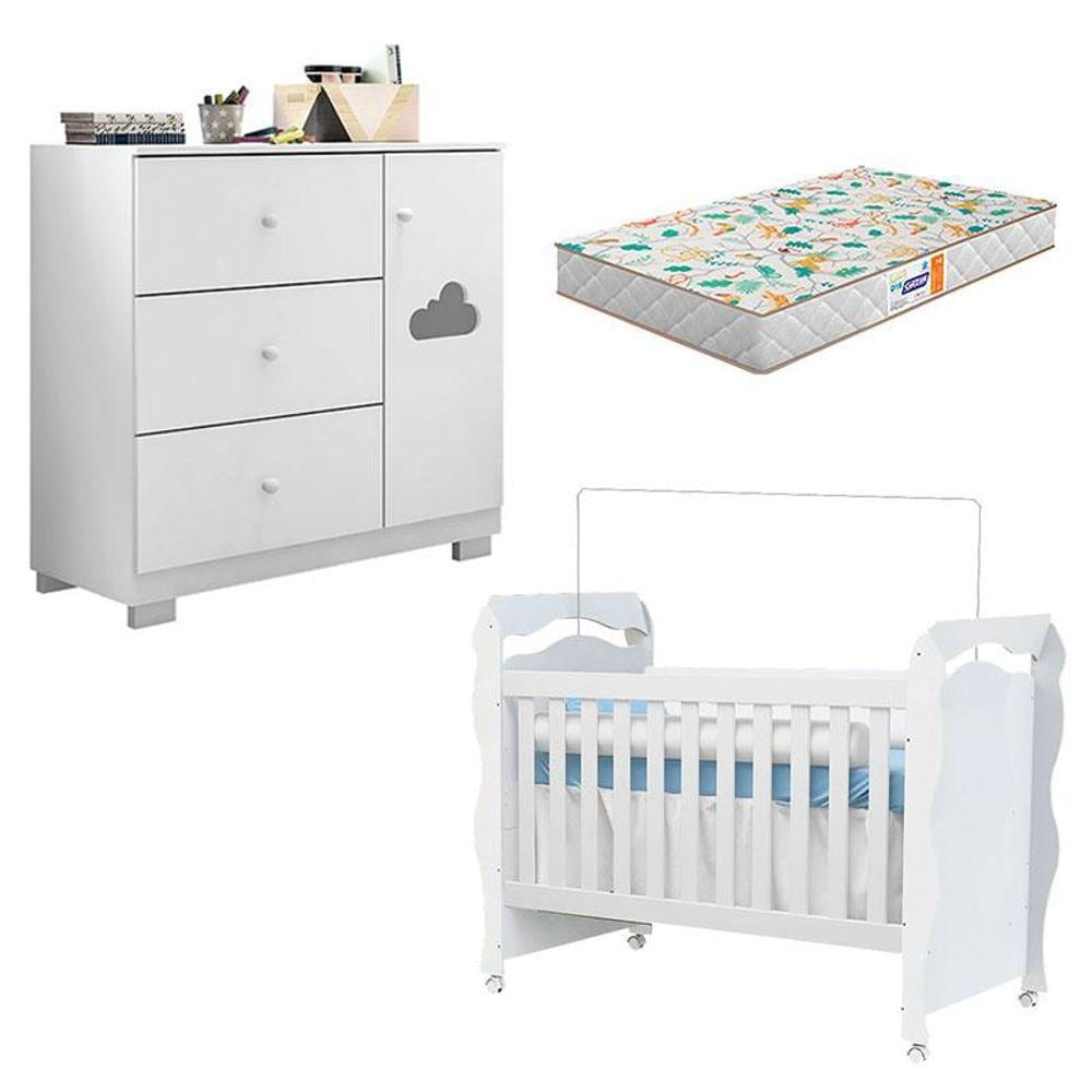 Berço Americano New Nanda E Cômoda Infantil Ane Branco Brilho Com Colchão Gazin - Phoenix Baby