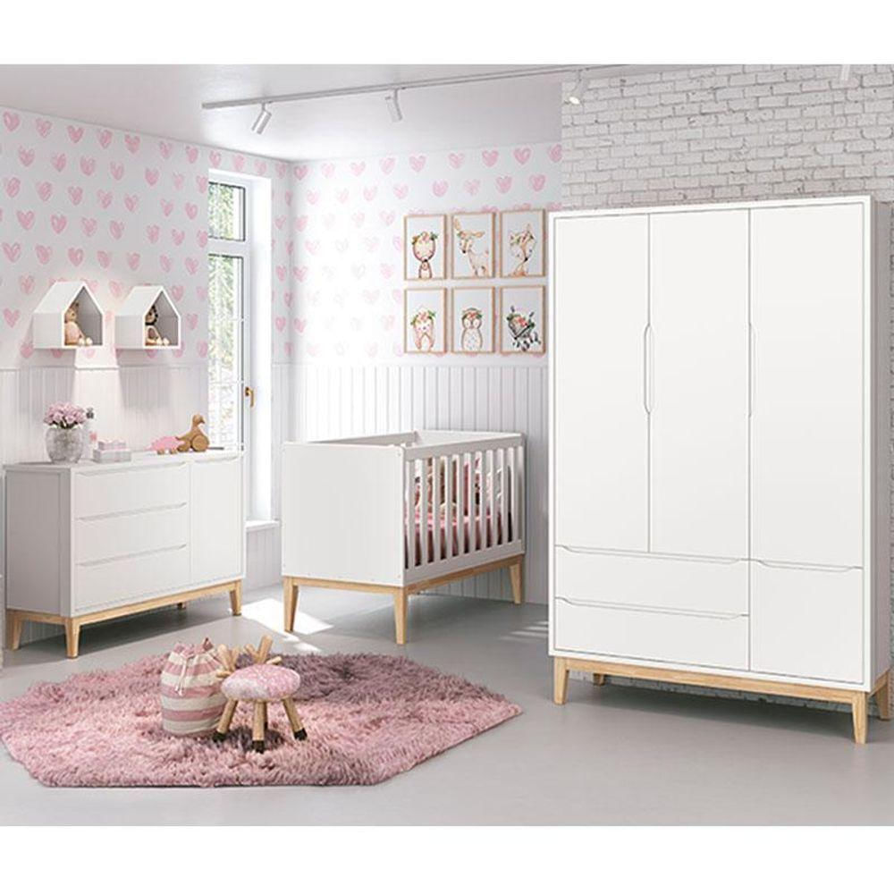 Quarto De Bebê Classic 3 Portas Com Colchão Branco Pés Madeira Natural - Reller