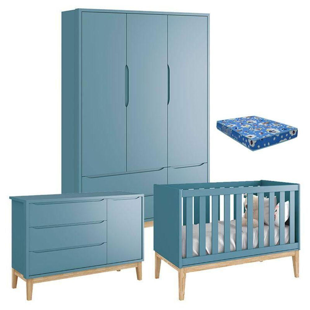 Quarto De Bebê Classic 3 Portas Com Colchão Azul Pés Madeira Natural - Reller