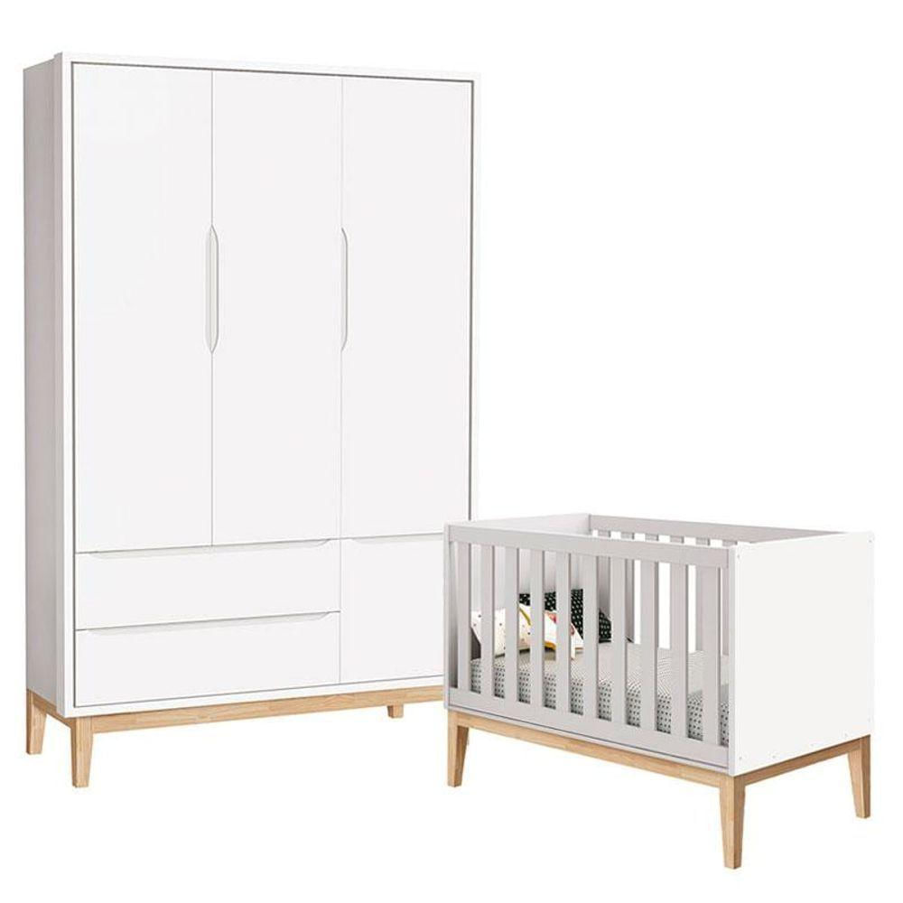 Berço Americano E Guarda Roupa Classic 3 Portas Branco Com Pés Madeira Natural - Reller