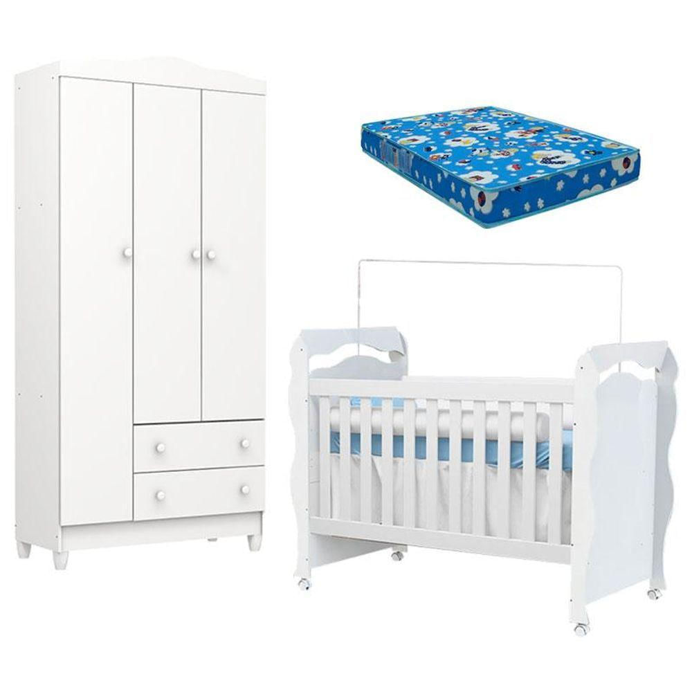 Berço Americano New Nanda E Guarda Roupa Infantil Mel Flat 3 Portas Branco Brilho Com Colchão Ortobom - Carolina