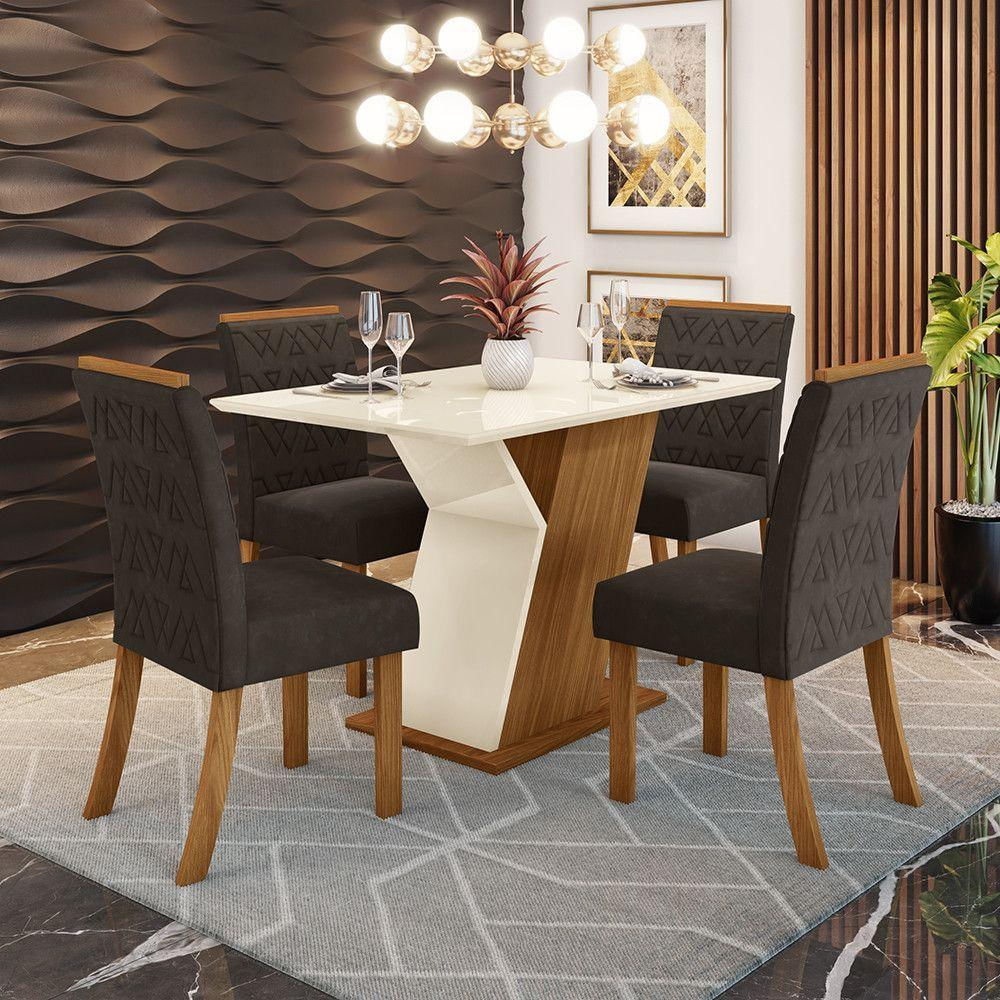 Mesa De Jantar Com 04 Cadeiras Mdf Com Vidro 120cm E Marrom