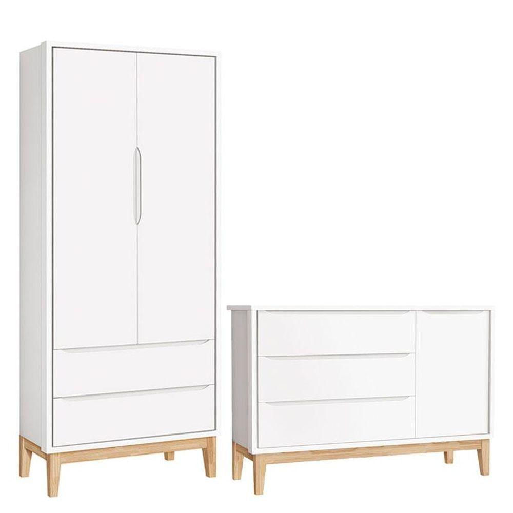Cômoda Com Porta E Guarda Roupa Infantil 2 Portas New Classic Branco Com Pés Madeira Natural - Reller