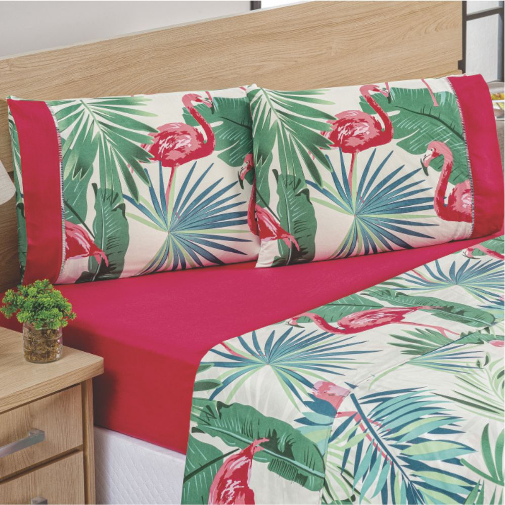 Jogo de Lençol Casal Padrão Naturallys 4 Peças - Flamingo Verde