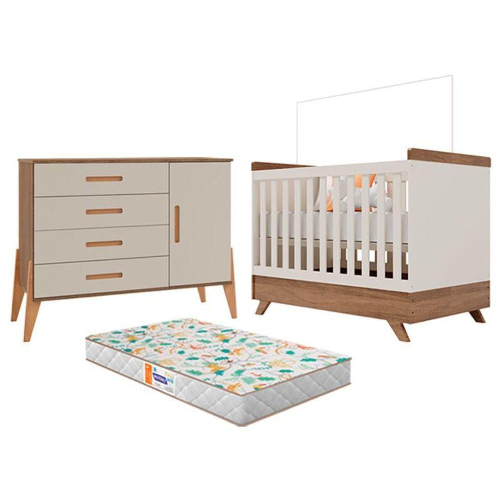 Berço Americano Vitória E Cômoda Infantil Com Porta Emilly Off White Carvalho Com Colchão Gazin