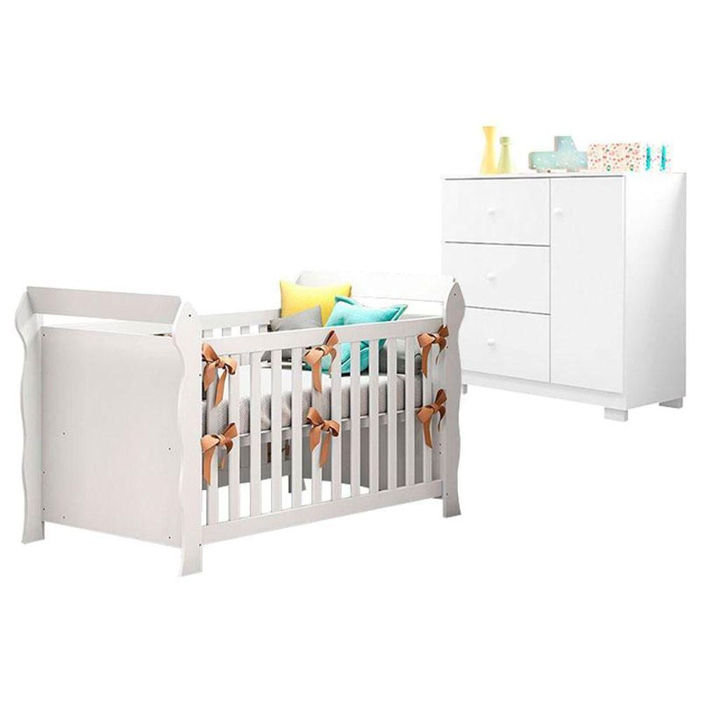 Berço Americano Lara Com Cômoda Infantil Duda Branco Brilho - Phoenix Baby